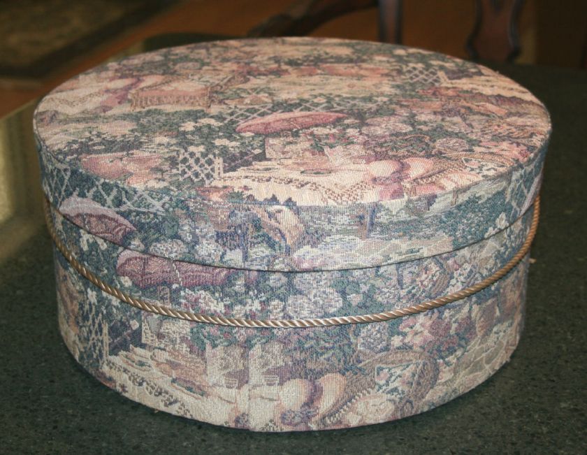 Vintage Mauve, Pink, Blue & Beige Tapestry Covered Hat Box w/ Satin 