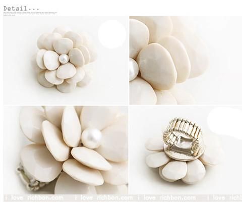 Korean Richbon Cream Petal Pearl Camellia Flower Elastic Ring  