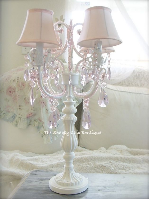   Beaded Candelabra Lamp Pink Crystal Prism Antique White &Shade  