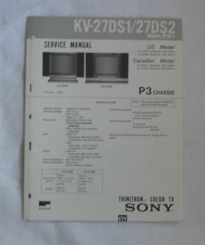 SONY KV 27DS1/27DS2 P3 CHASSIS SERVICE MANUAL COLOR TV  