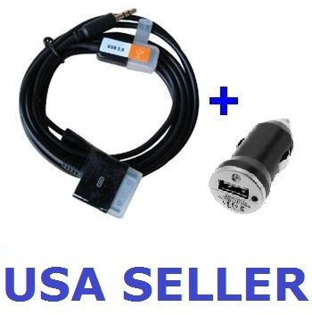 AUX Audio Cable + USB Car Charger Adapter iPhone 4 3GS  