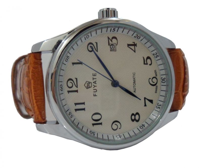 White Automatic Men Watch *Date, Blue Dials, Mechanical, Leather 