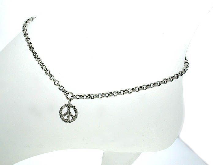 Anklet .15 CARATS Diamond Peace Sign Ankle Bracelet in solid 14k White 