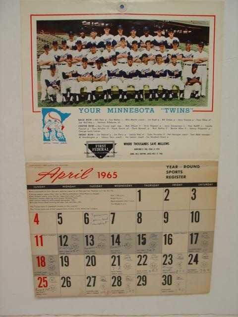 1965 Minnesota Twins Team Schedule and Appointment Calendar (sku 4445)